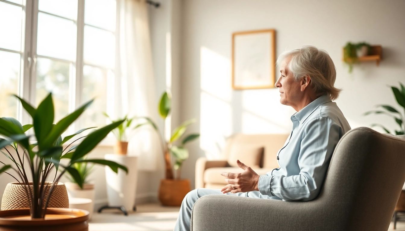 Therapist guiding a client to cope with stress and anxiety in a calming environment.