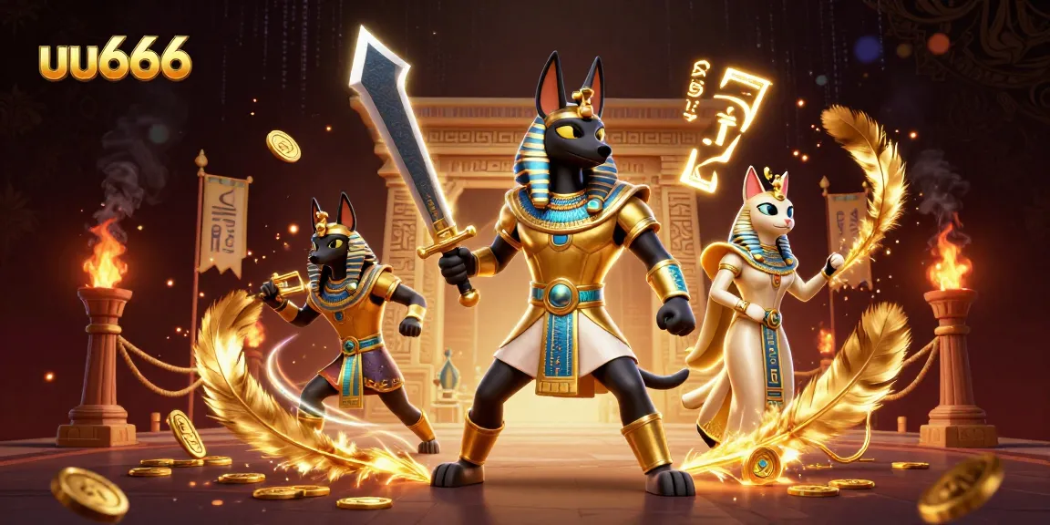 Engage in thrilling action at uu666, featuring Anubis and Bastet amidst a dynamic casino scene.