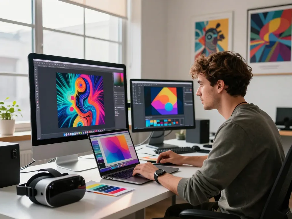 Artist creating dynamic AI porn graphics in a vibrant digital studio environment, surrounded by cutting-edge technology.