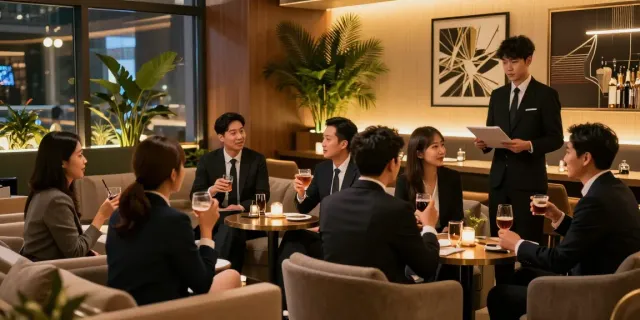 강남 타이밍의 고급스러운 라운지에서 비즈니스 고객들이 즐거운 대화를 나누는 모습