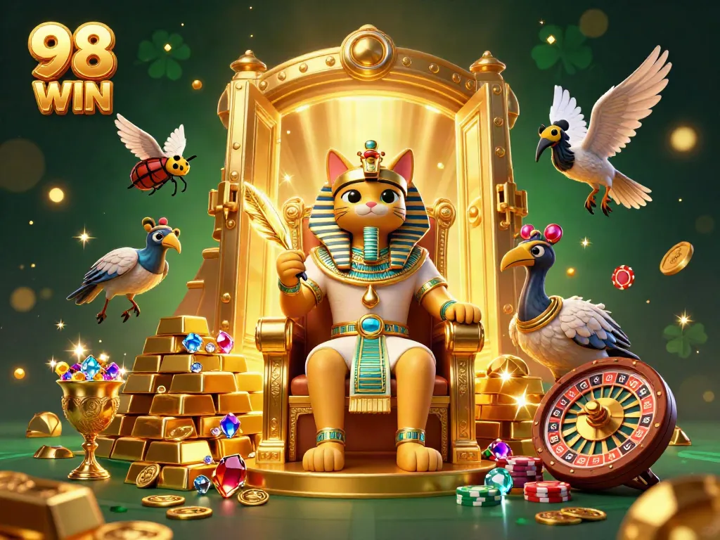 Engage with 98 WIN, featuring a captivating pharaoh cat and ibis in a casino treasure scene.