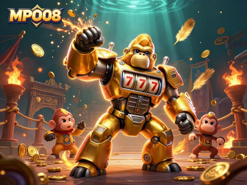 Experience thrilling gameplay with MPO08, featuring an explosive fantasy casino scene full of coins and vibrant characters.