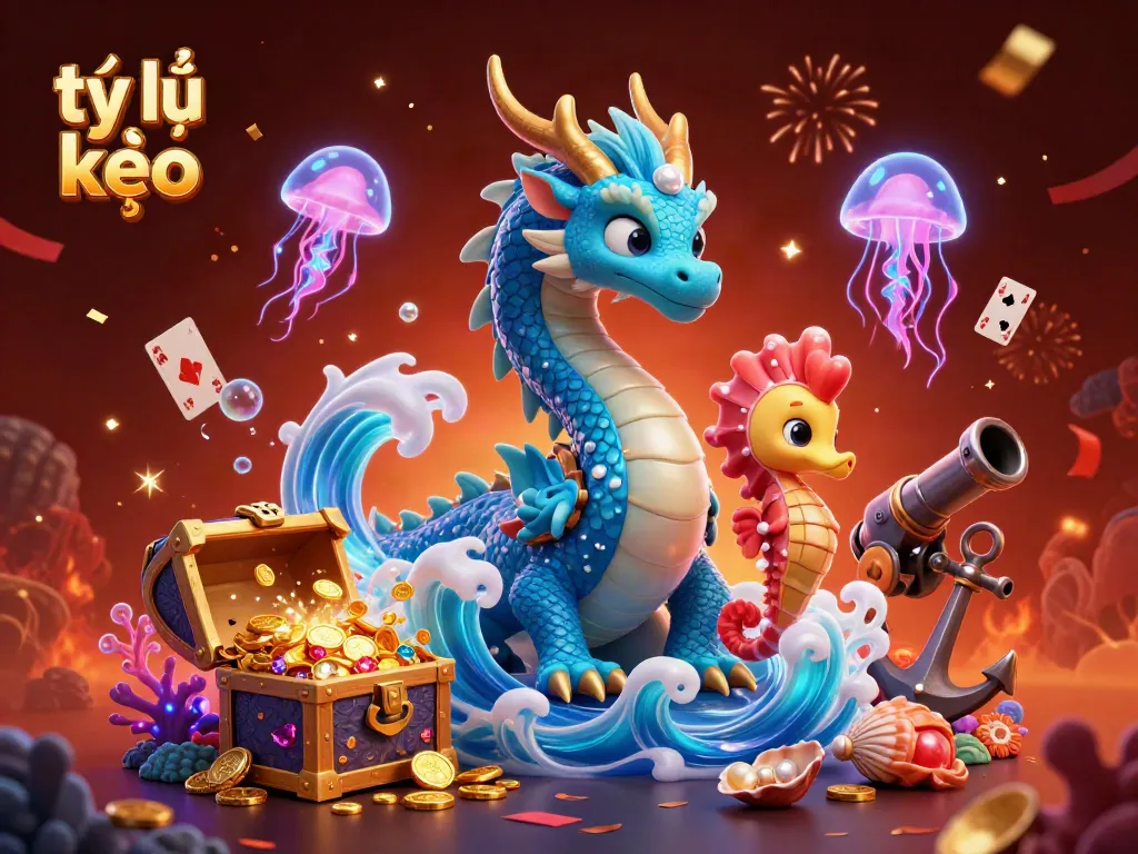 Engage with tỷ lệ kèo through a vibrant underwater scene featuring a dragon and seahorse amidst gold coins and glowing jellyfish.