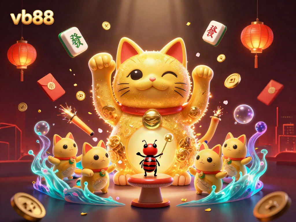 Engage with vb88's dynamic casino experience featuring a golden lucky cat and vibrant gaming elements.