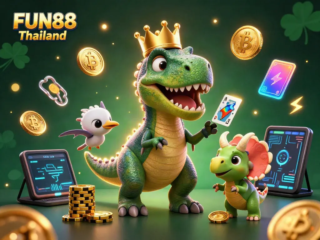 Engage with FUN88 Thailand's vibrant gaming scene featuring animated characters and crypto elements.