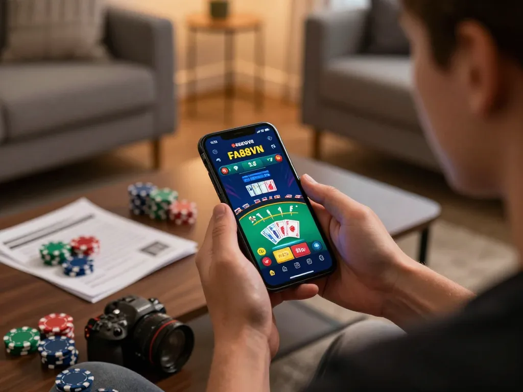 Player engaging in exciting FA88VN mobile casino gameplay, showcasing vibrant app interface and strategic notes.