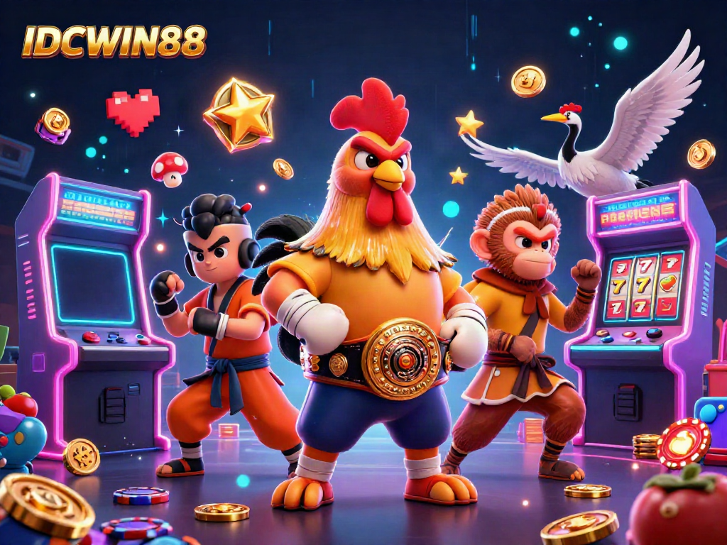 Experience thrilling gaming excitement with IDCWIN88's colorful characters in a vibrant casino scene.