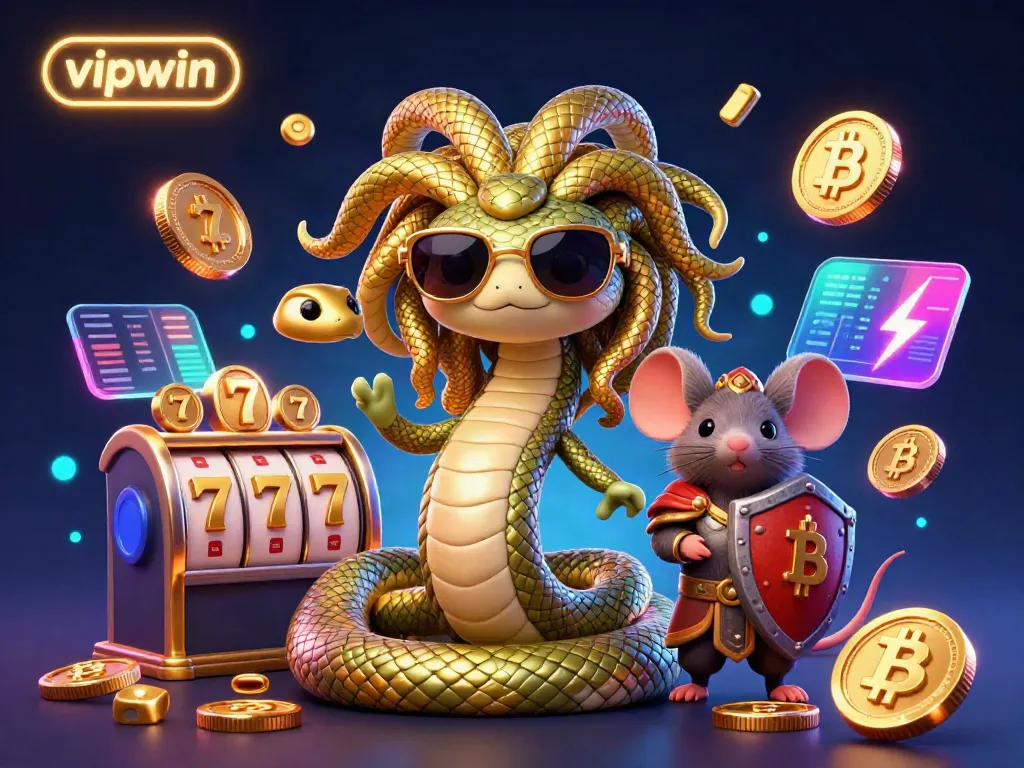 Engage with the vibrant vipwin casino experience featuring Medusa and warrior mouse surrounded by colorful slots and crypto coins.