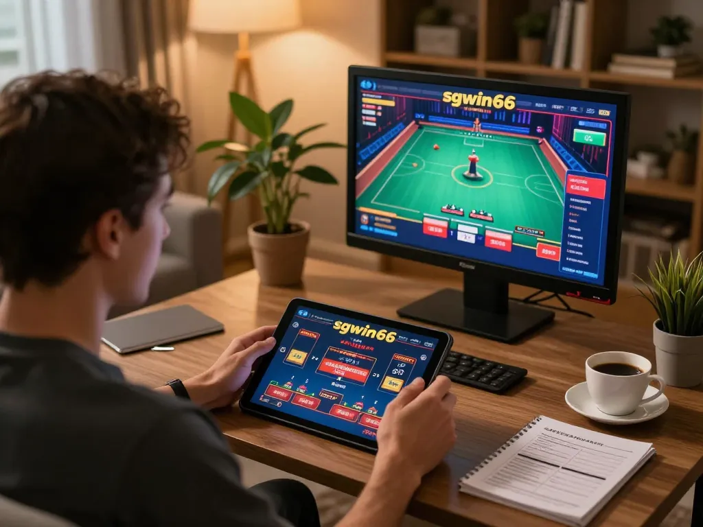 Player enjoys engaging sgwin66 games during cozy home gaming session with live dealer