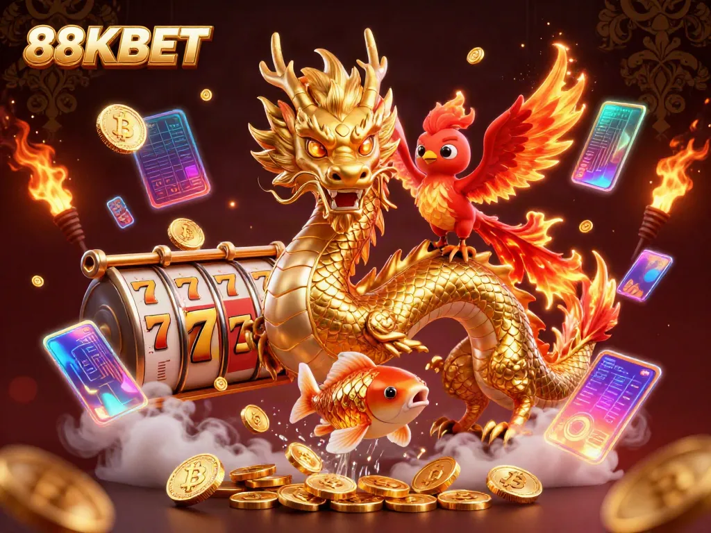 Experience the thrill of 88KBET with a dragon and phoenix amidst slot reels and glowing crypto coins.