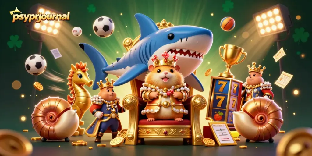 Menjajaki keberuntungan di psyprjournal dengan simbol slot dan raja hamster bermahkota karang.