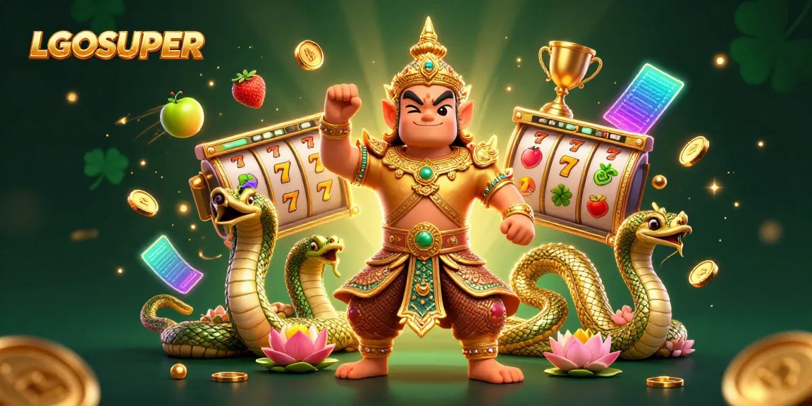 Experience thrilling slots with LGOSUPER's friendly guardian, jackpot counter, and vibrant symbols.