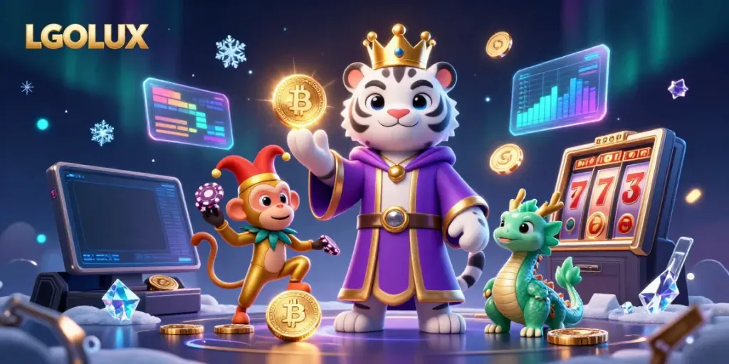 Win big with LGOLUX's vibrant casino scene featuring a royal tiger and playful characters.