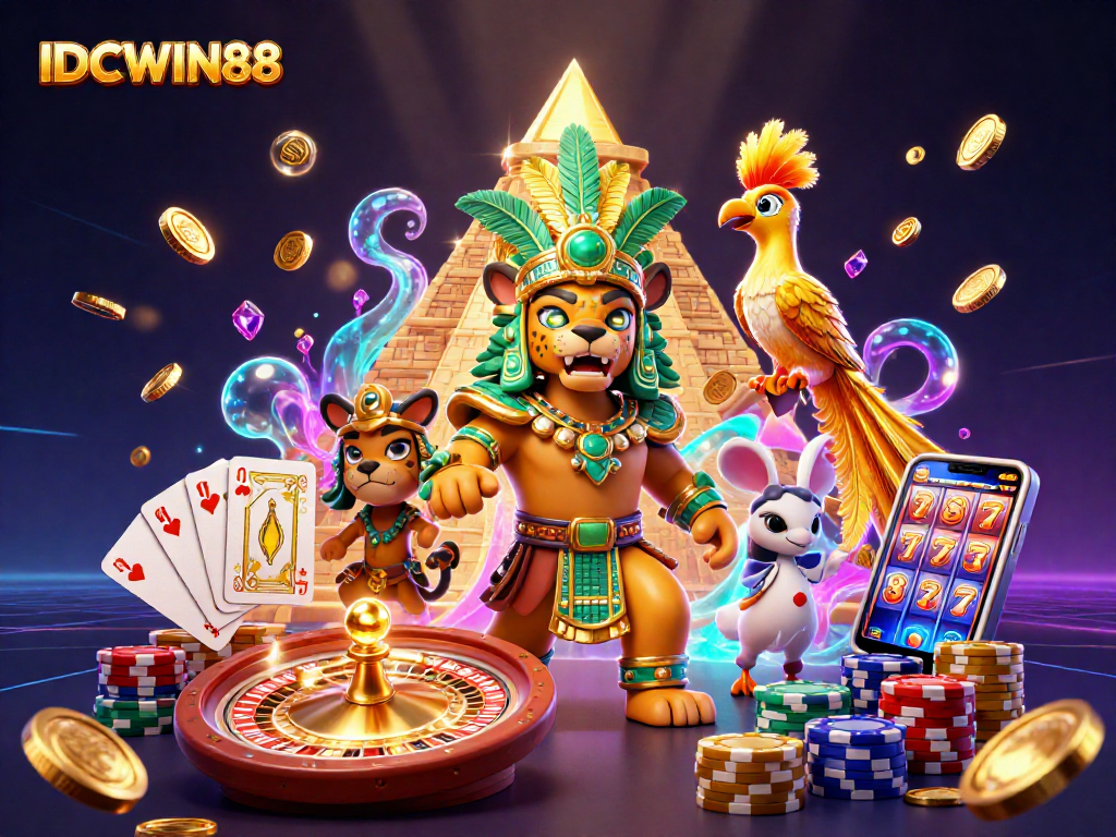 Engage with IDCWIN88 in a vibrant casino illustration featuring a Mayan jaguar priest.