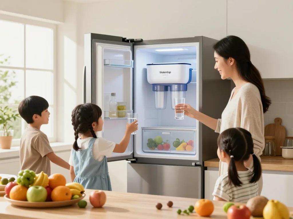 Family using Waterdrop UKF8001 Refrigerator Water Filter 4 for fresh drinking water in a bright kitchen.