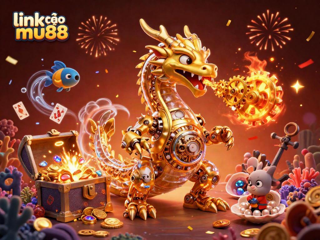 Experience the thrill of link vào mu88 with a captivating casino scene featuring a biomechanical dragon and treasures.