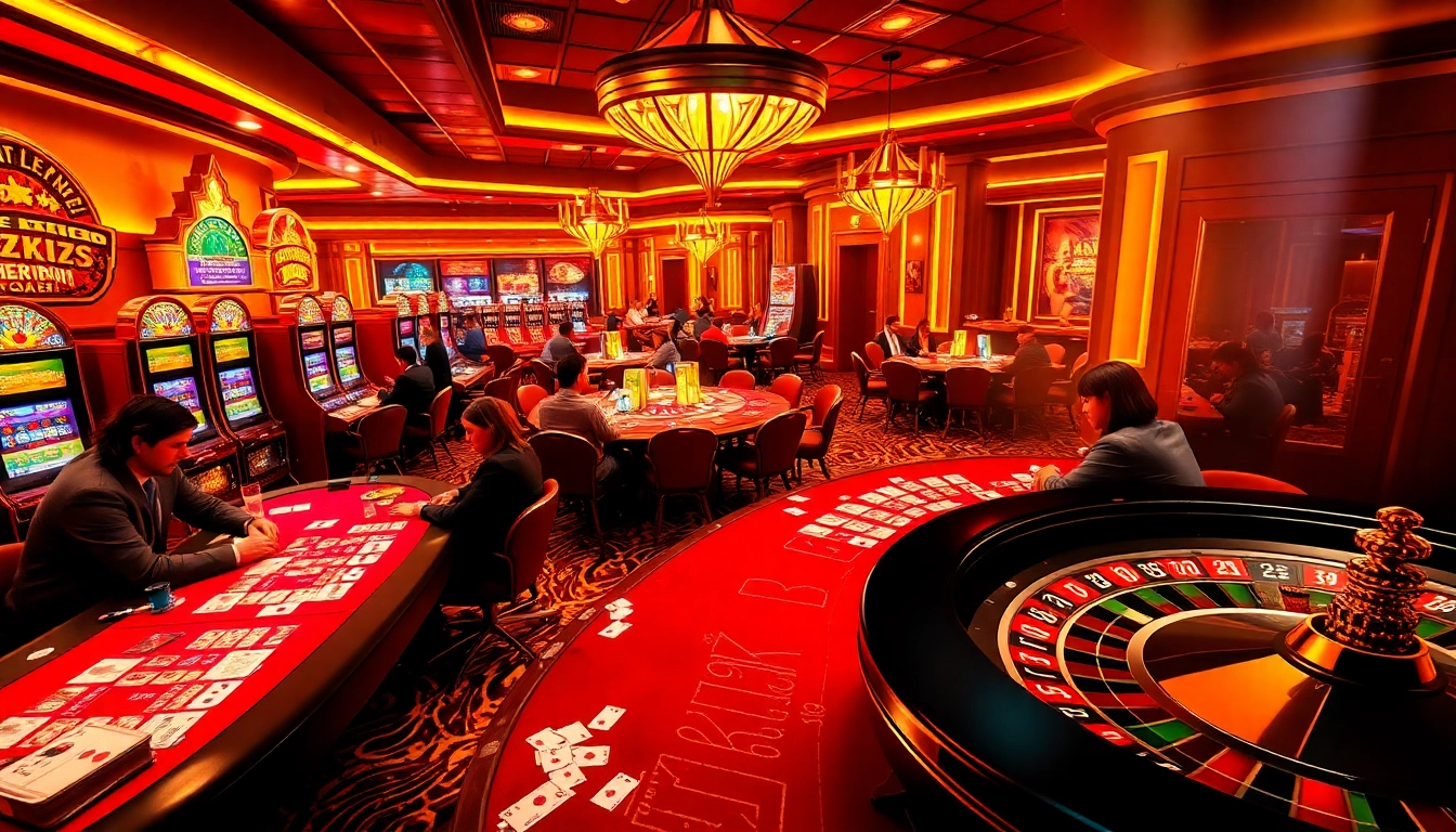 Players engaged at LUCK8 casino tables with vibrant slot machines and roulette wheel.