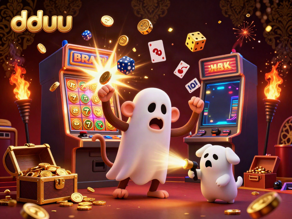Engage with dduu's vibrant casino scene featuring a mischievous monkey juggling golden coins and a curious puppy exploring.