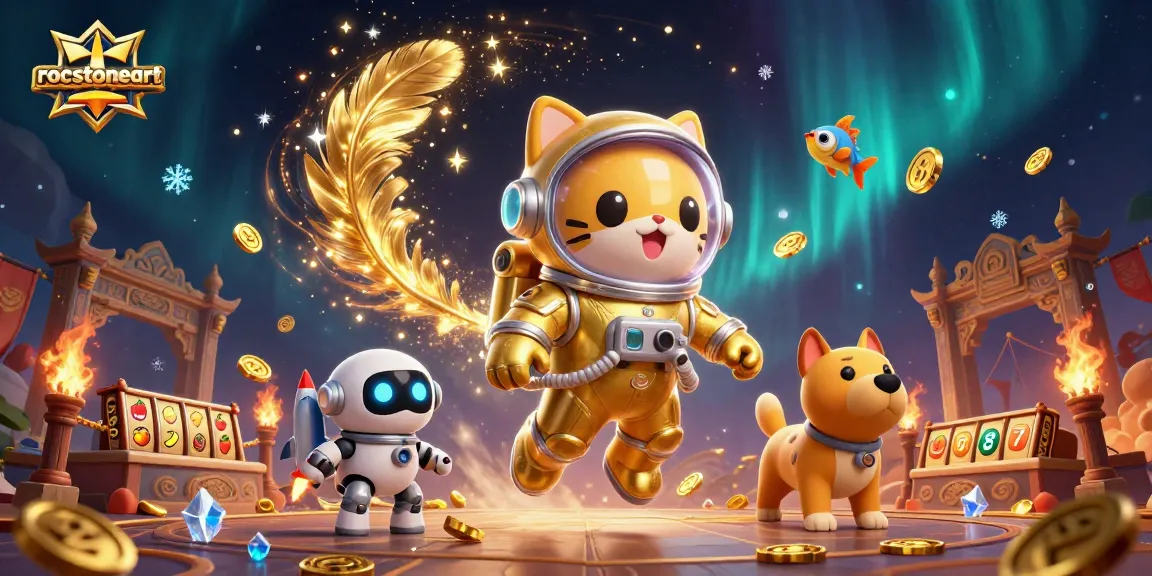 Experience fun gaming with rocstoneart's energetic space-themed illustration featuring characters and colorful casino elements.