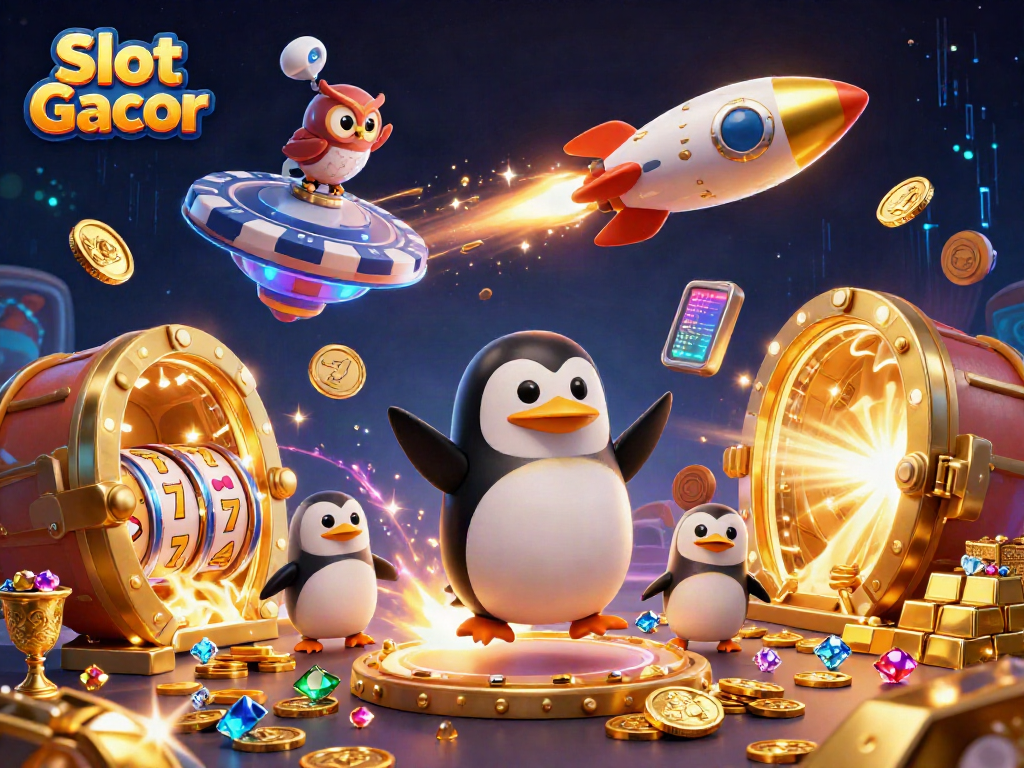 Experience thrilling Slot Gacor adventures with a golden penguin soaring through casino space.