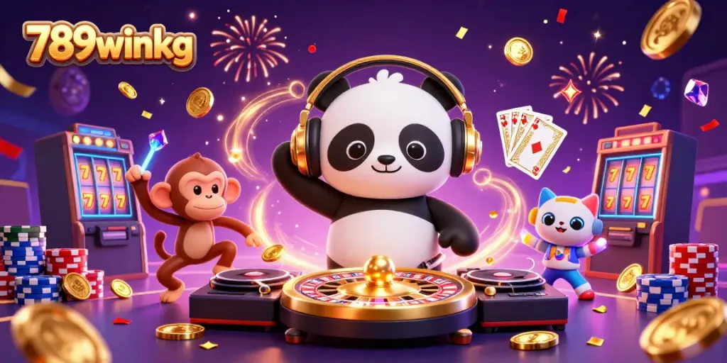 Spin the reels with 789winkg as DJ panda and friends celebrate winnings in a vibrant casino scene.