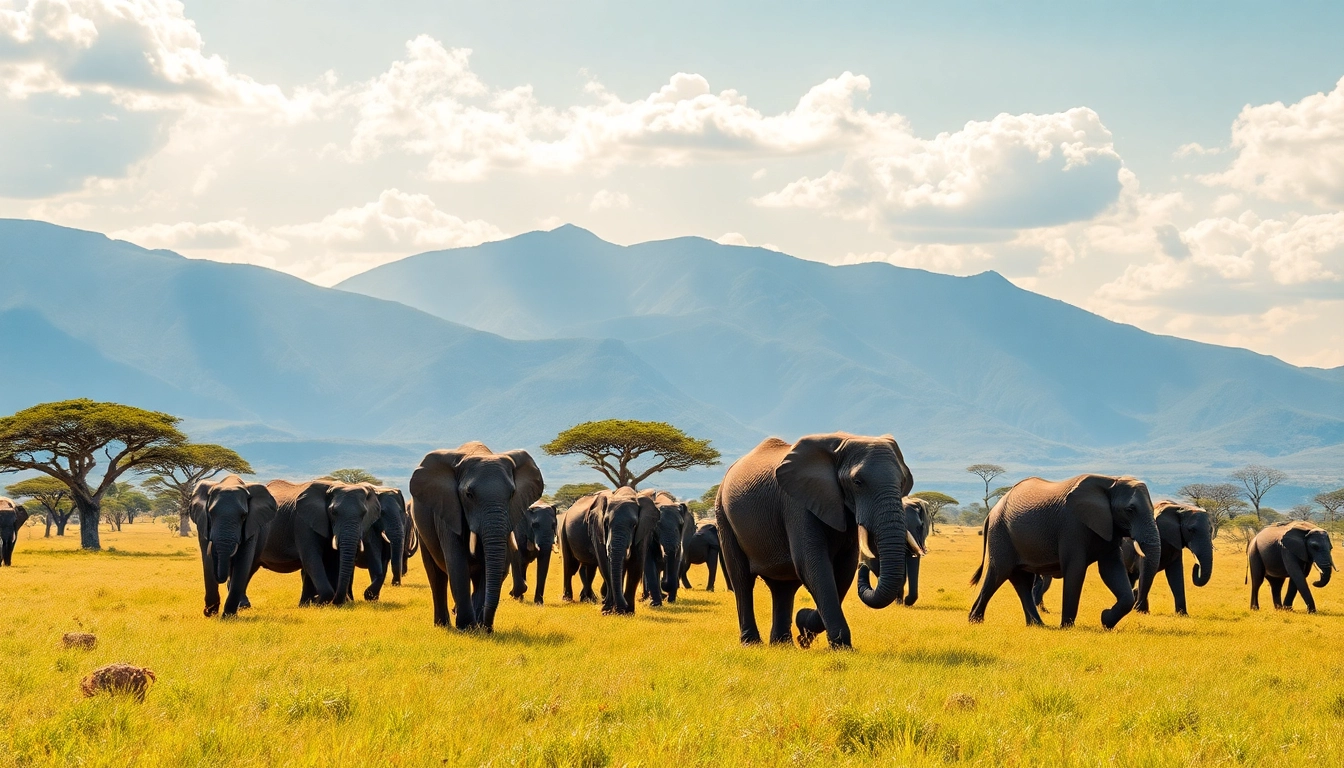 Tanzania safaris showcasing wild elephants on an expansive savannah under a bright sky.