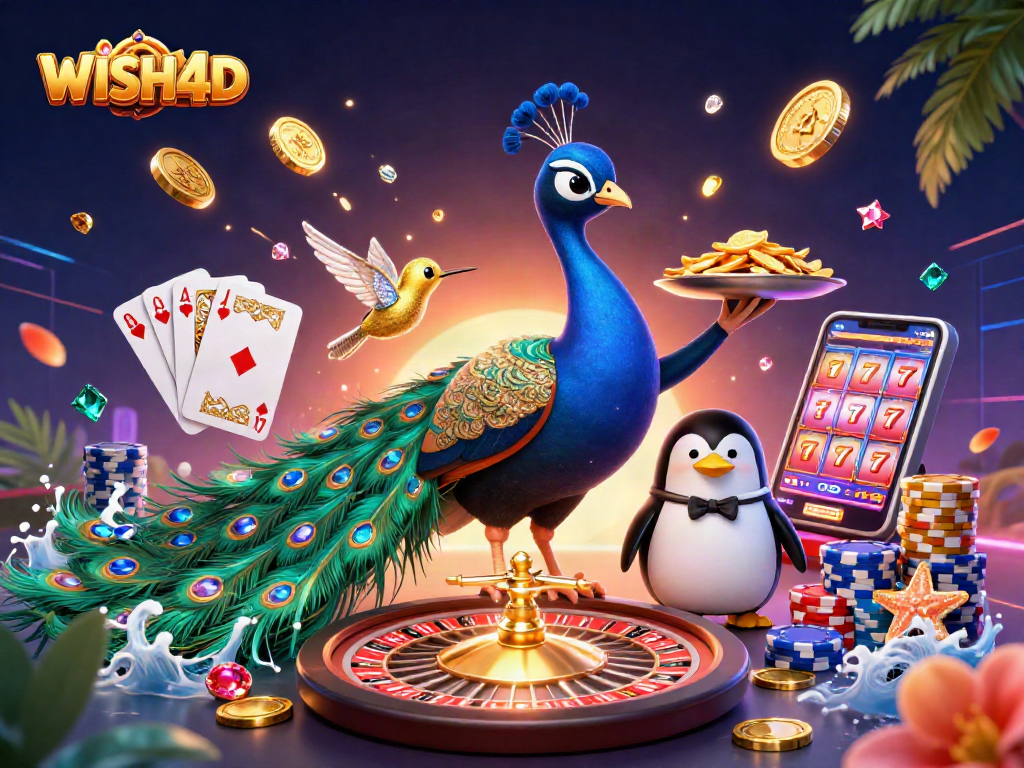 Engage with WISH4D in a vibrant casino scene featuring a peacock, penguin, and hummingbird surrounded by sparkling gems and golden coins.