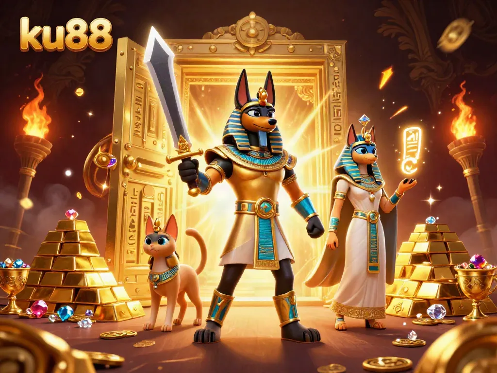 Experience the thrill of ku88 with a captivating 3D scene depicting Anubis and Bastet amid treasure and casino elements.
