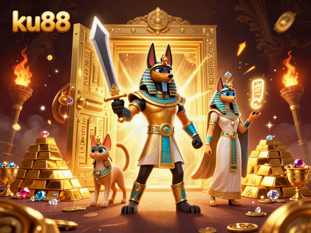 Experience the thrill of ku88 with a captivating 3D scene depicting Anubis and Bastet amid treasure and casino elements.