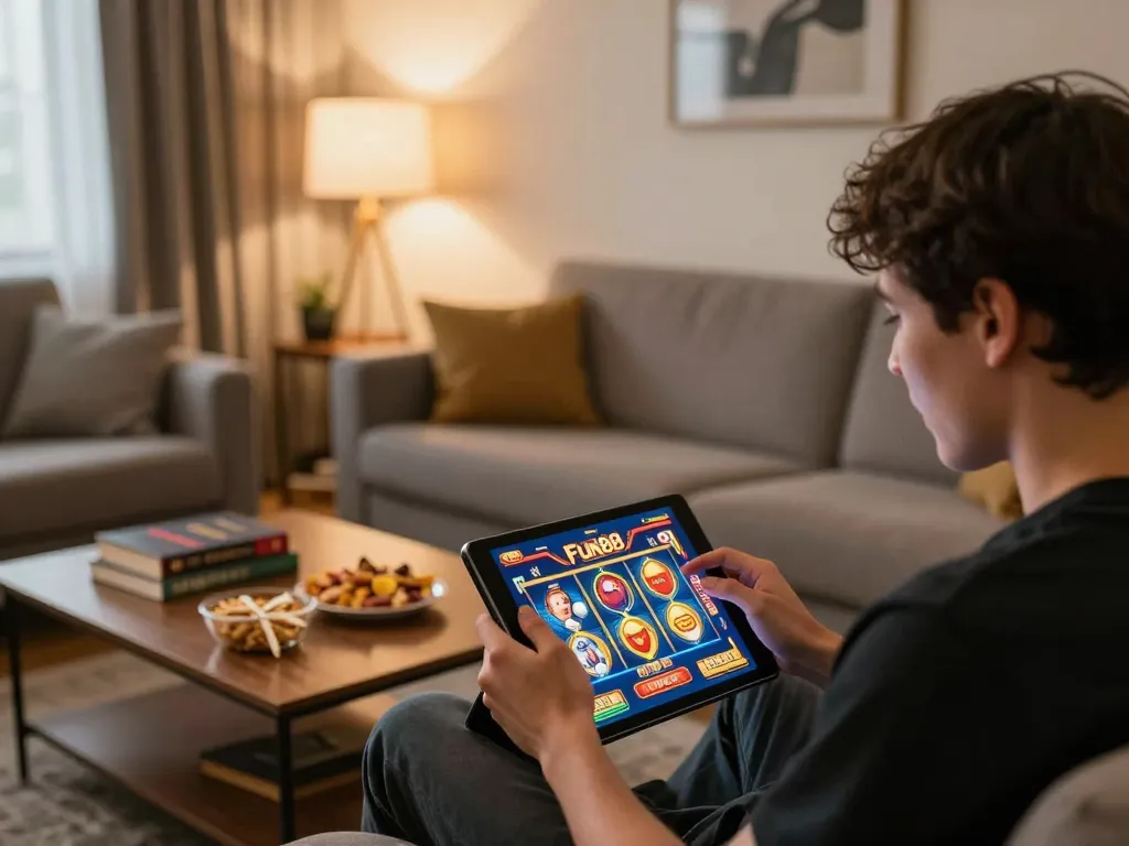 Engaging moment of a player enjoying Fun88 casino games on a tablet at home, showcasing vibrant graphics and cozy atmosphere.