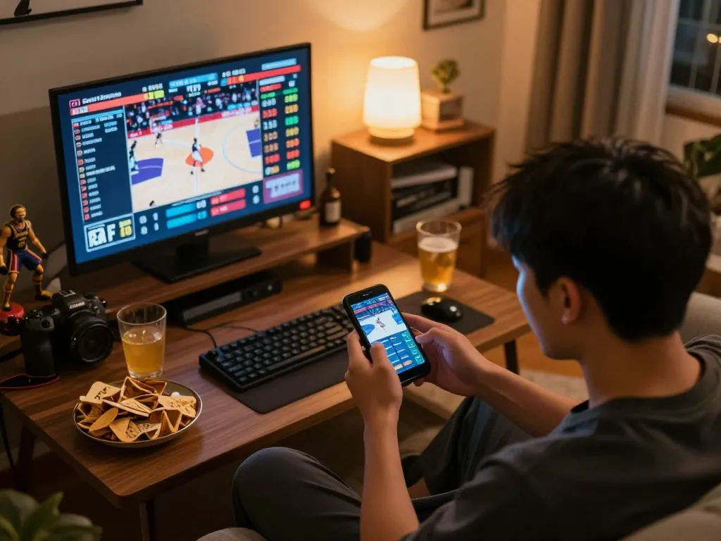 OPEN88 player analyzing basketball betting stats in a cozy living room environment.