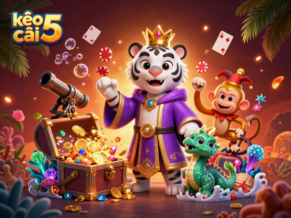 Engage with kèo nhà cái 5 through this vibrant scene showcasing a white tiger, monkey, and jade dragon in a casino environment.