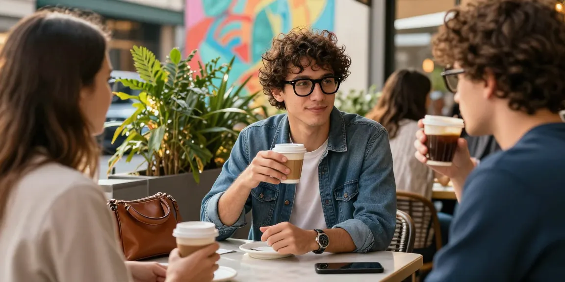 Person wearing óculos de grau enjoying coffee with friends in stylish urban café.