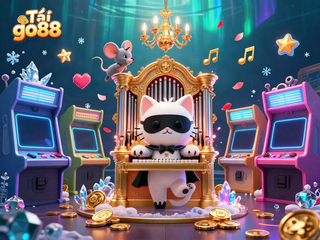 Experience exciting gaming action with Tải go88, featuring a 3D cat at a casino organ with vibrant game elements.