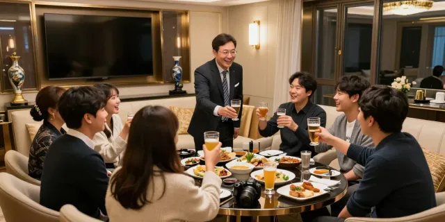 강남 구구단에서 친구들과 즐거운 시간을 보내는 장면, 아늑한 사적 공간에서의 만남
