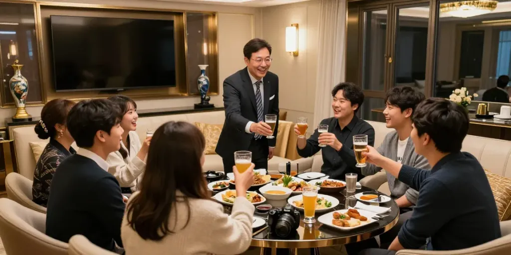 강남 구구단에서 친구들과 즐거운 시간을 보내는 장면, 아늑한 사적 공간에서의 만남