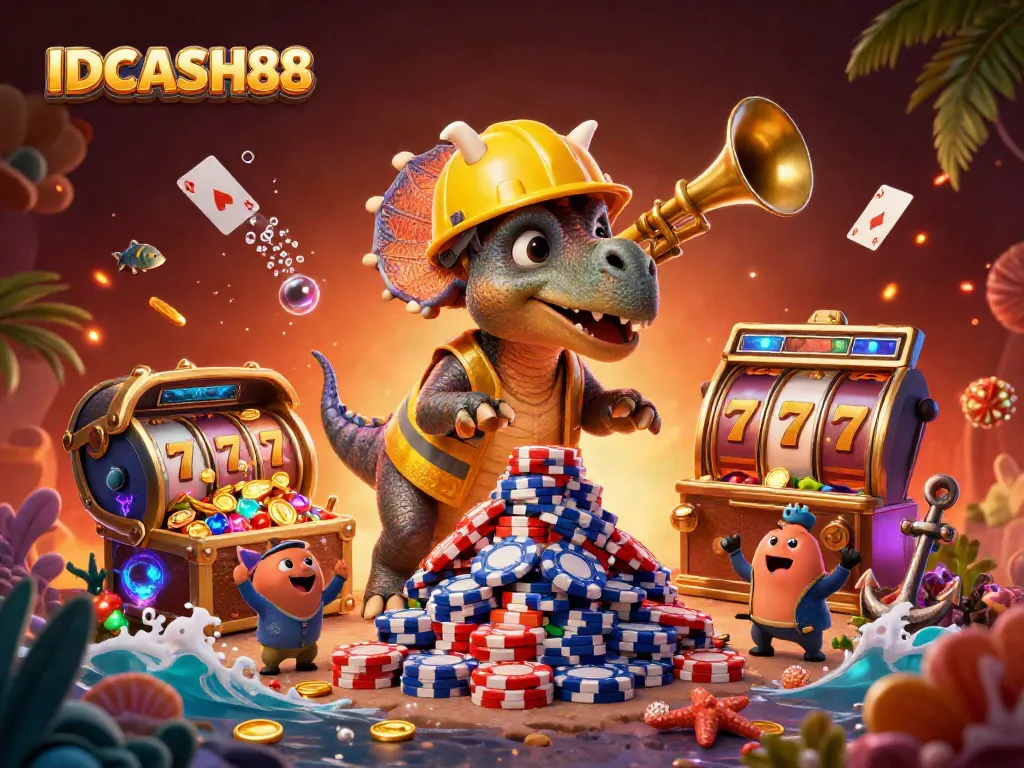 Experience the fun at IDCASH88 with a lively casino-themed scene featuring dinosaur characters celebrating with casino elements.