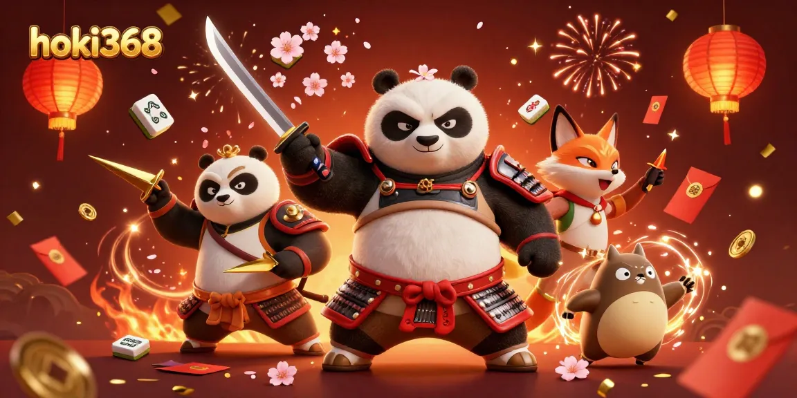 Experience thrilling gaming at hoki368 with a vibrant samurai panda and ninja fox in an exciting casino setting.