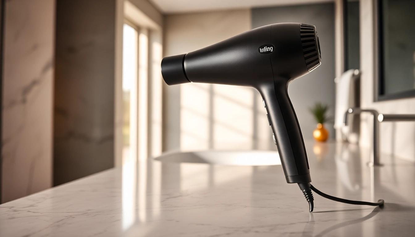 Using an Ionic blow dryer on sleek countertop with elegant bathroom backdrop.