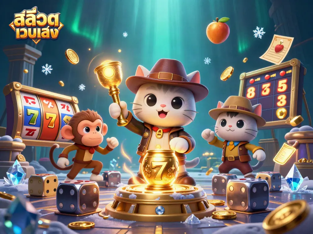 เล่นสล็อตเว็บตรง ด้วยบรรยากาศคาสิโนที่น่าตื่นเต้น พร้อมกับสัญลักษณ์แจ็กพอตและนักสำรวจ