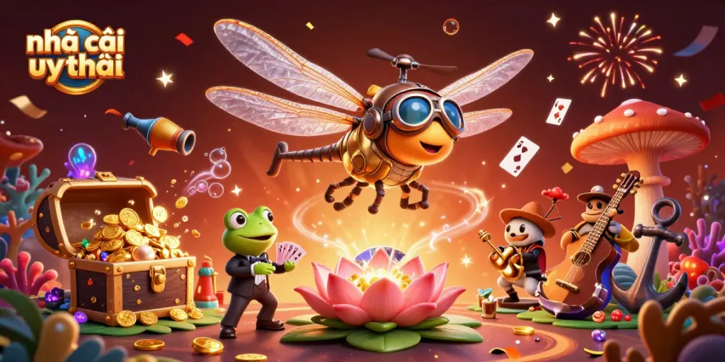 Experience the thrill of gambling with the vibrant scene featuring nhà cái uy tín, a dragonfly pilot, frog croupier, and jazz musicians.