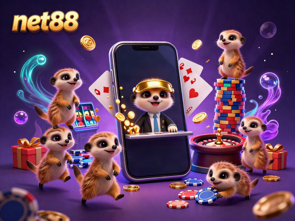 Engage in thrilling casino action with net88's vibrant meerkat crew orchestrating games in a lively illustration.