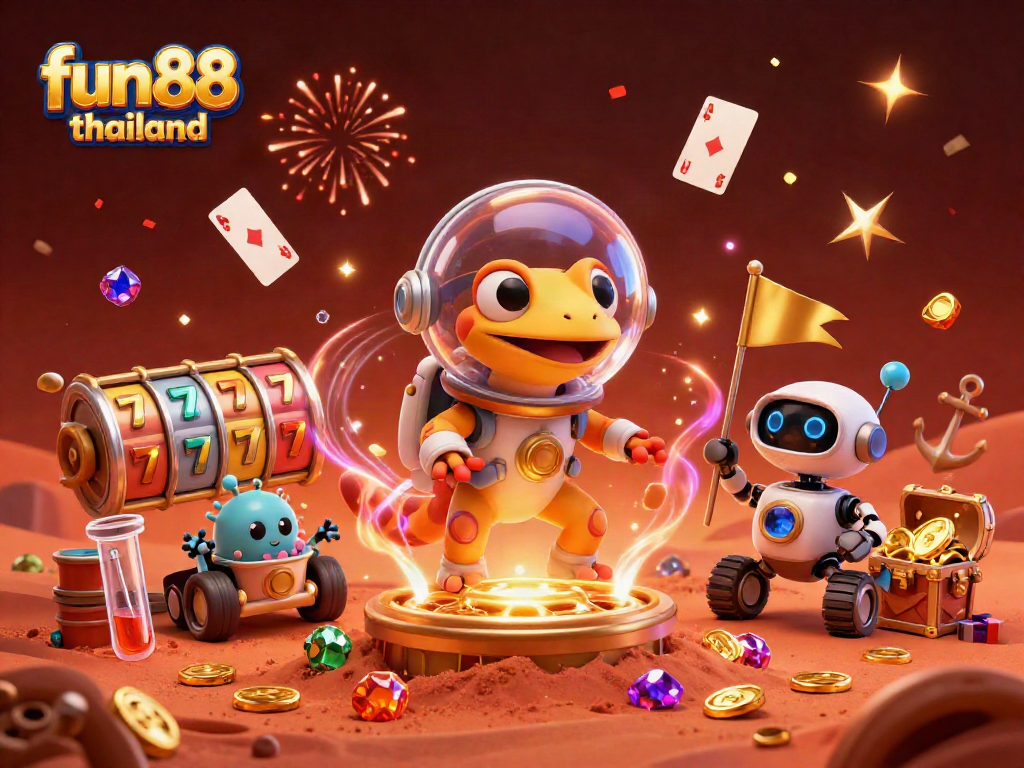 Experience the joy of fun88 thailand with vibrant casino elements, discovering treasures in an alien landscape.