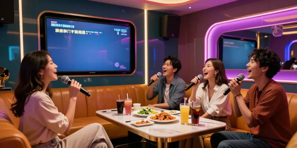 달토에서 즐거운 시간을 보내는 친구들, 화려한 조명과 편안한 좌석이 있는 가라오케 룸