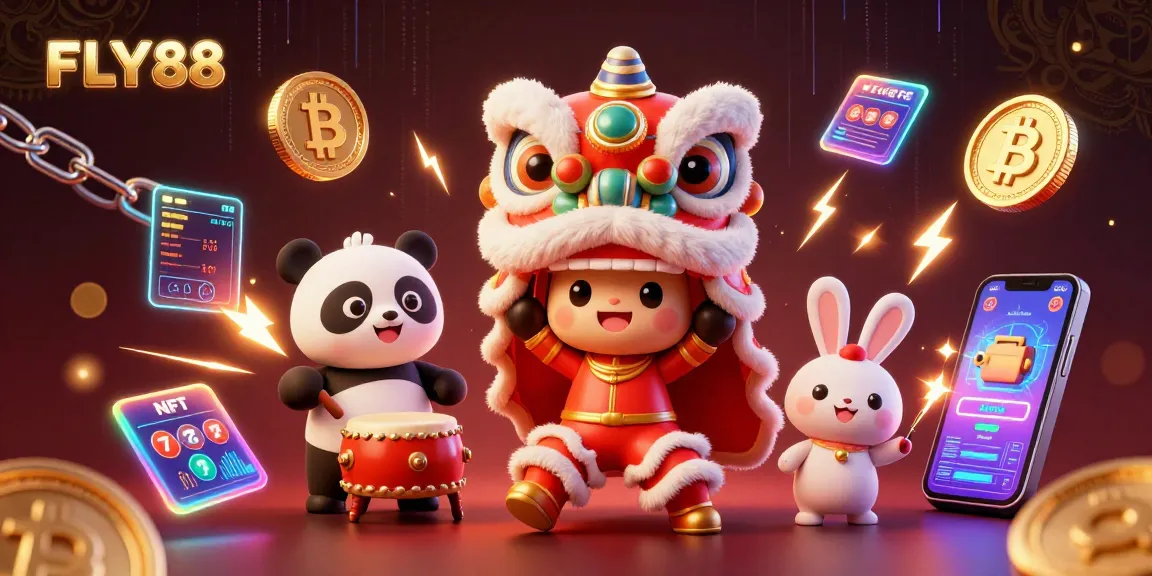 Spin slots and win at FLY88 with vibrant characters celebrating wins amidst crypto elements.