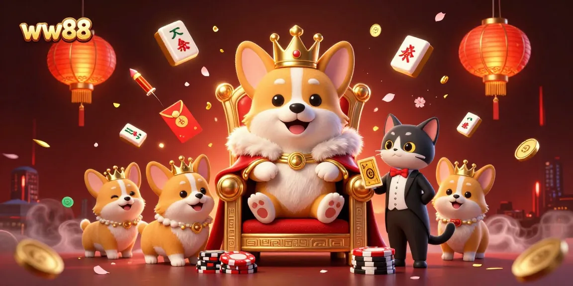 Experience the thrill of ww88 with a royal corgi on its poker chip throne, showcasing exquisite gambling elements.