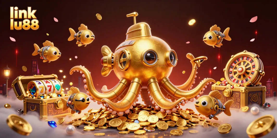 Experience excitement at link lu88 with thrilling slot games and a golden kraken in a fantasy scene.