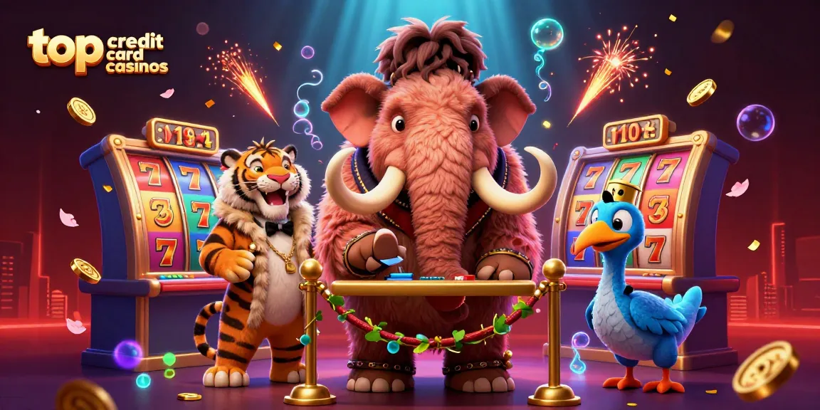 Experience the thrills at top credit card casinos with a lively casino scene featuring unique characters.