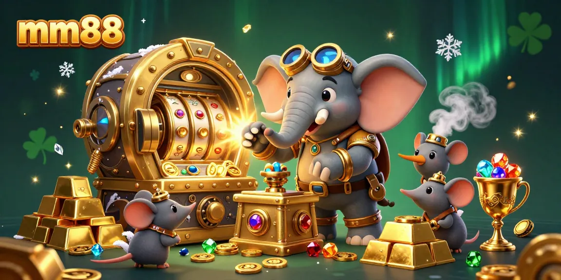 Experience big wins at mm88 with a vibrant 3D illustration of a steampunk elephant engineer at a golden slot machine.
