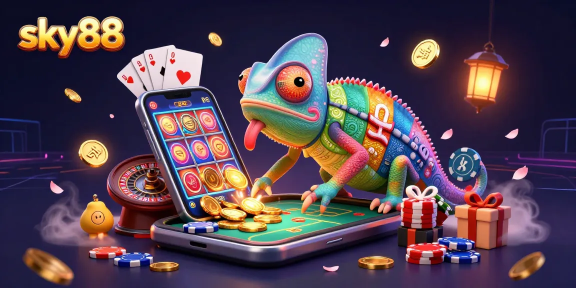 Engage with sky88's vibrant casino world featuring a chameleon owner and dynamic gambling elements.